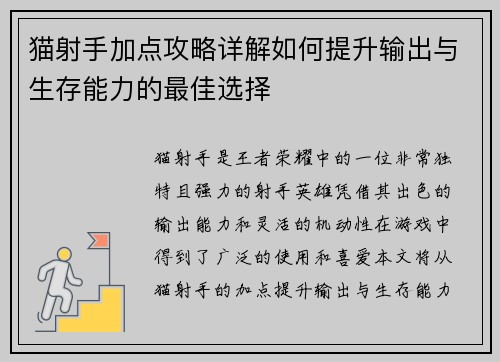 猫射手加点攻略详解如何提升输出与生存能力的最佳选择