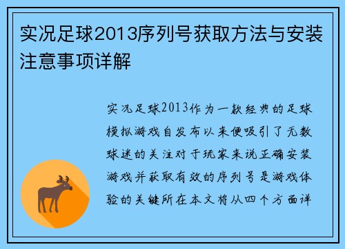 实况足球2013序列号获取方法与安装注意事项详解
